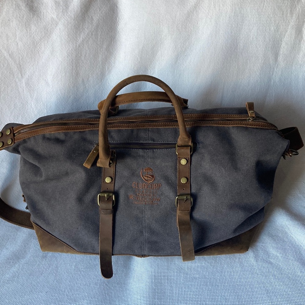 DUFFEL Travel Sports Bag Brown Gray Canvas Leather Multiple Zipper Pockets